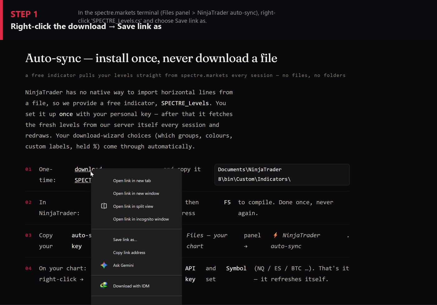 Step 1 — right-click the download, Save link as
