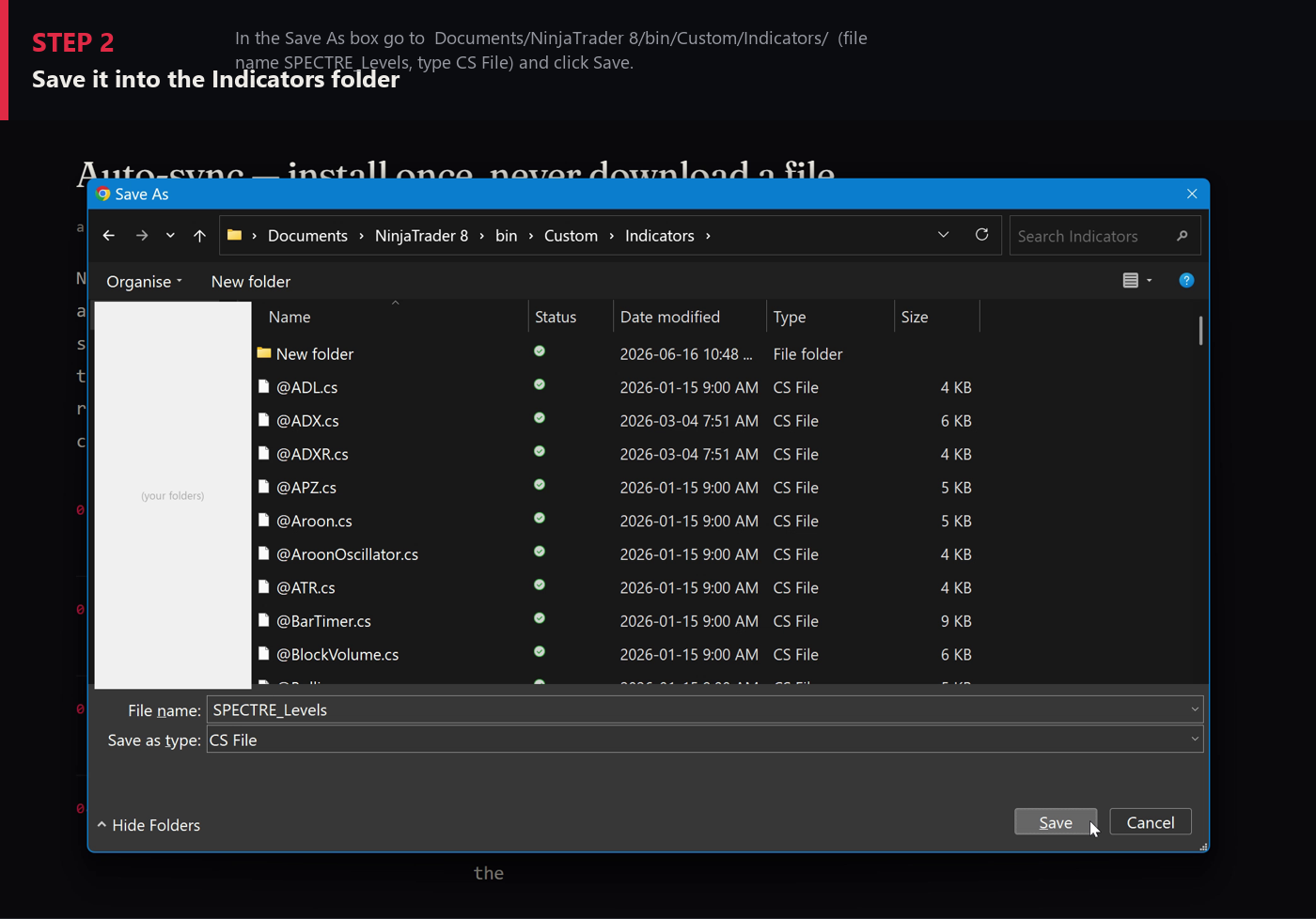 Step 2 — save into the Indicators folder